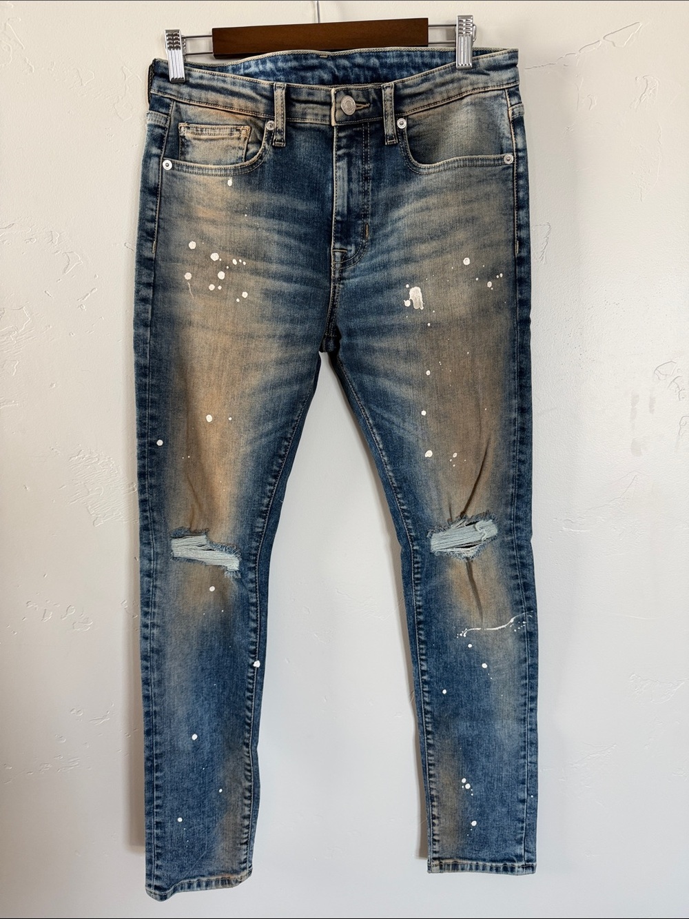 Forever 21 Blue Distressed Slim Paint-Splatter Jeans Mid Rise Indigo 32x30